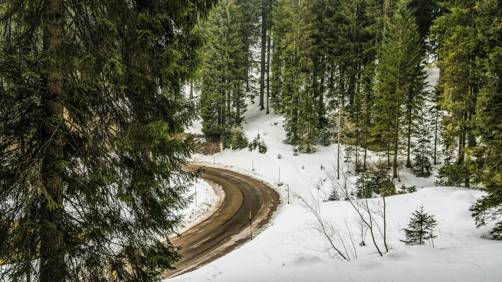 Strada di montagna innevata tra i boschi di Folgaria